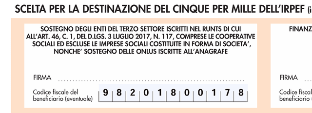 Esempio compilazione del 5x1000 per COMITATO BRESCIA PRIDE, Codice Fiscale: 98201800178. La sezione a sostegno degli enti del terzo settore iscritti nel RUNTS è compilata con il codice fiscale.