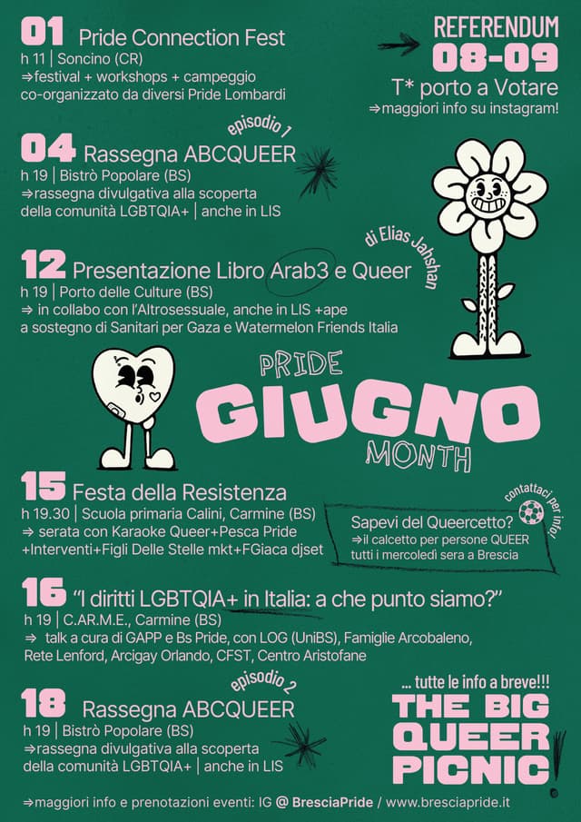 Volantino degli eventi organizzati a Giugno da Brescia Pride. Il PDF è scaricabile cliccando il link 'Scarica il volantino degli eventi di Giugno!'.