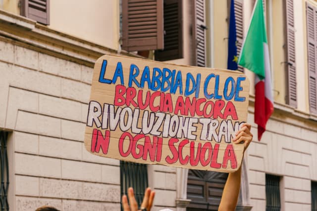 Cartello con scritto 'La rabbia di Cloe brucia ancora, rivoluzione trans in ogni scuola'.