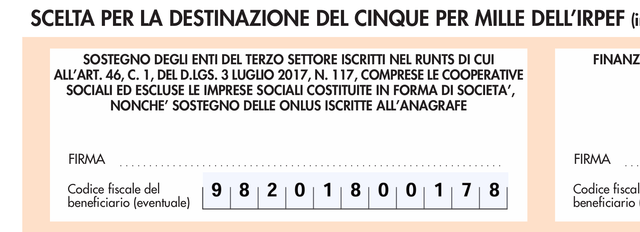 Esempio compilazione del 5x1000 per COMITATO BRESCIA PRIDE, Codice Fiscale: 98201800178. La sezione a sostegno degli enti del terzo settore iscritti nel RUNTS รจ compilata con il codice fiscale.